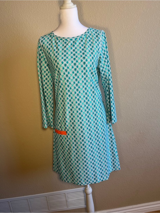 Cabana Life Dresses & Skirts - Cabana Life Teal and White Geometric Long-Sleeve Dress with Orange Pocket Trim